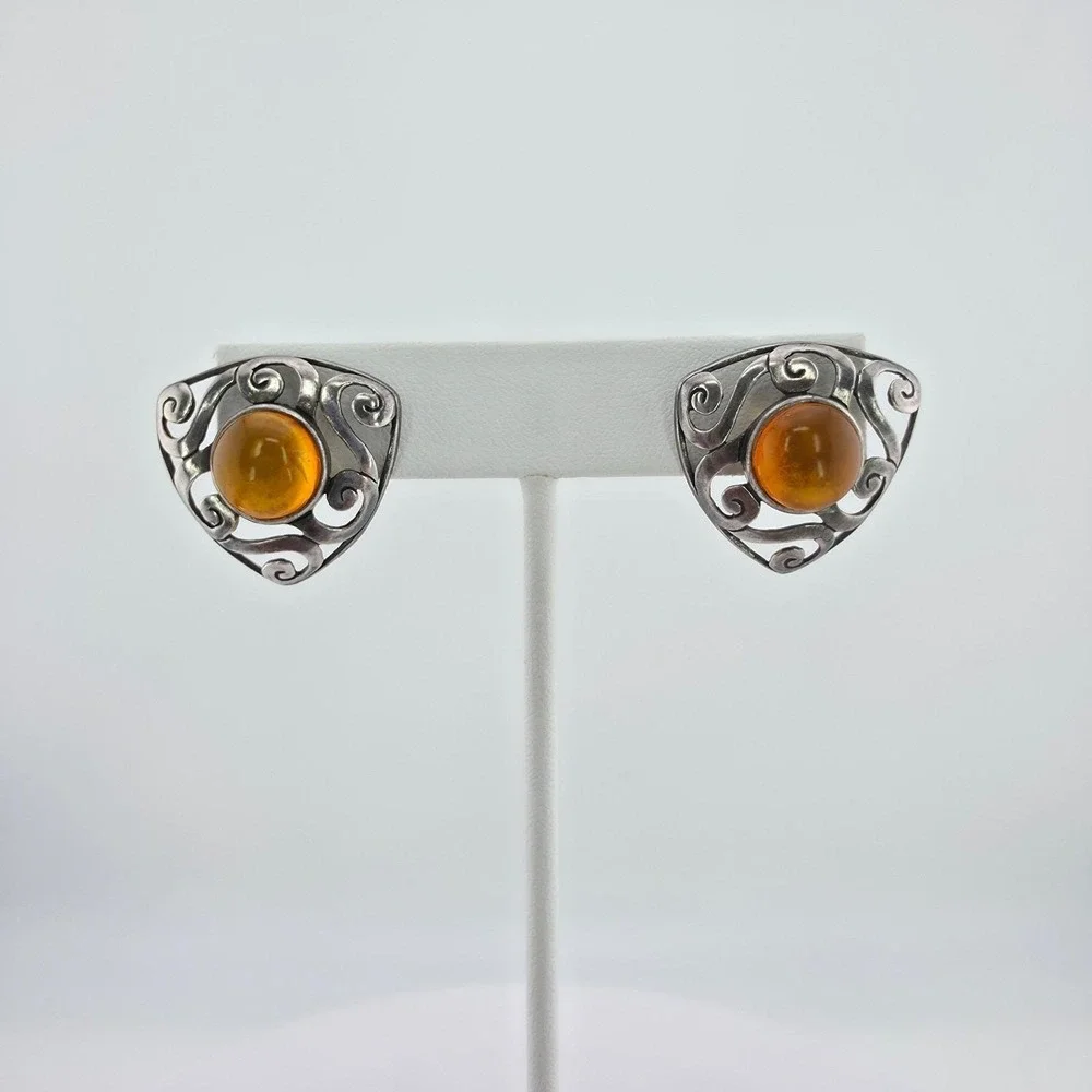 SILPADA Amber Earrings 925 Sterling Silver Post Cabochons Open Scrollwork 1